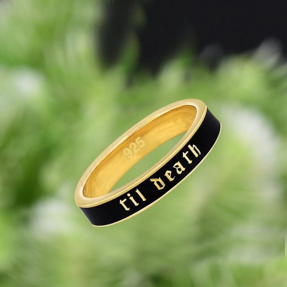 4mm Wide Til Death Black Enamel Band Ring | Promise Ring | Anniversary Wedding Ring | Stacking Band | Gift for Her/Him - 925 Sterling Silver