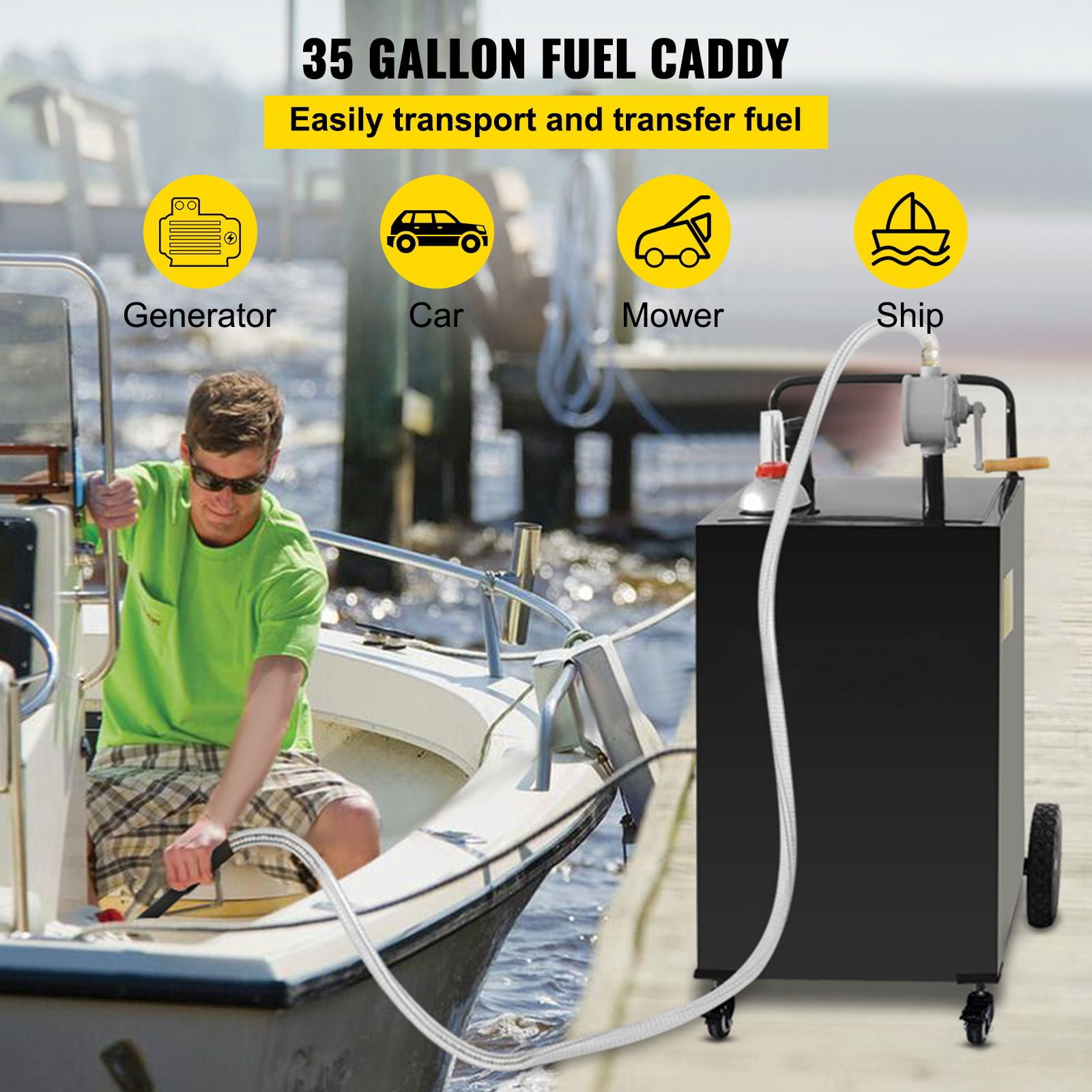Fuel Caddy, 35 Gallon, Gas Storage Tank on 4 Wheels, with Manual Transfer Pump, Gasoline Diesel Fuel Container for Cars, Lawn Mowers, ATVs, Boats, More, Black