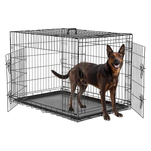 36-Inch Medium Dog Crate with Divider, Double Door Folding Metal Wire Cage with Leak-Proof Plastic Tray, Portable Pet Kennel for Indoor, Outdoor, and Travel