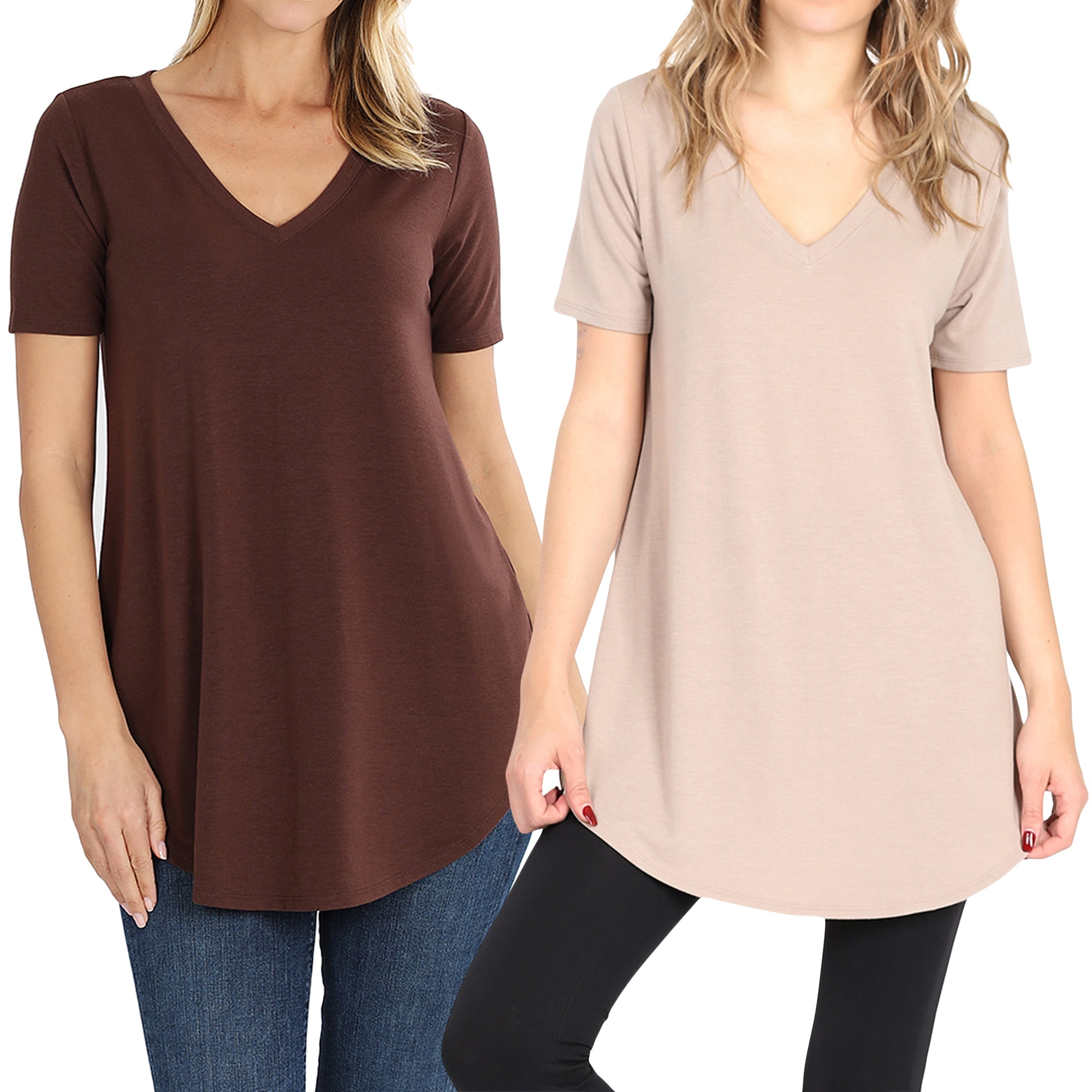 Women Short Sleeve V Neck Round Hem Relaxed Fit Casual Tee Shirt Top