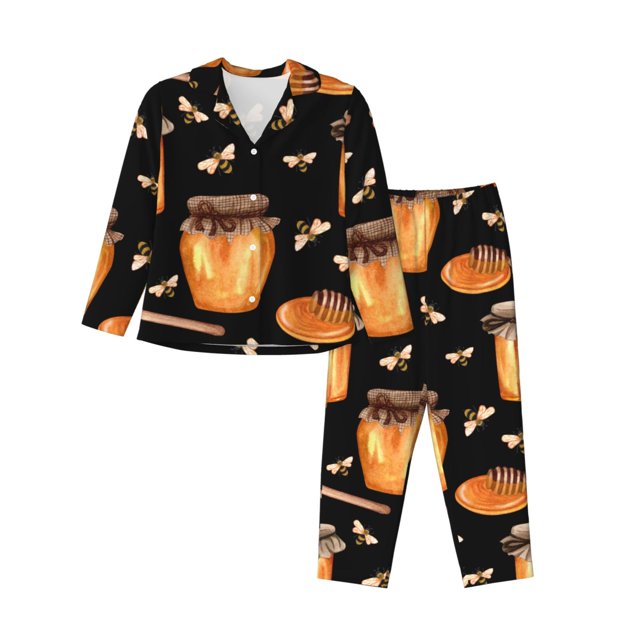 Balery Bee and Honey Conjunto de Pijama con Estampado para Mujer, Conjunto de Dos Piezas con Manga Larga, Ropa de Dormir Suave con Bolsillos, Pijamas Cómodos-Medium