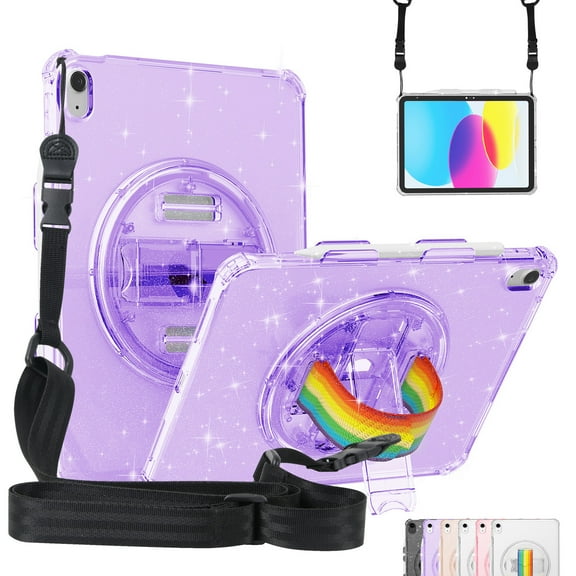 SaniMore for iPad 10th Generation 10.9" 2022 Cover with 360° Rotating Rainbow Wristlet Shoudler Strap Pencil Holder, Hidden Bracket Heavy Duty Protective Shockproof Slim Drop Resistant Shell, Purple