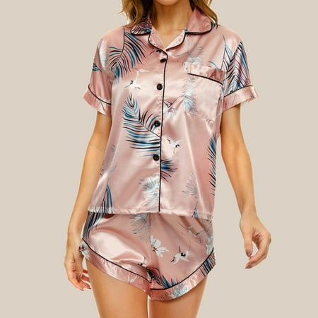 

Yuwegr Loungewear Pajama Sets Pajamas Women s Sleepwear Top and Shorts Satin Short Sleeve Two Piece Sleepwear Soft Hot Pink L