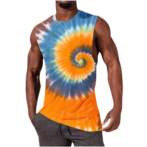 YUGYXL Tank Tops for Men Sleeveless Summer Colorful Tie-Dye Printed Casual Lightweight Muscle T Shirts Beach Vacation Tees Orange L