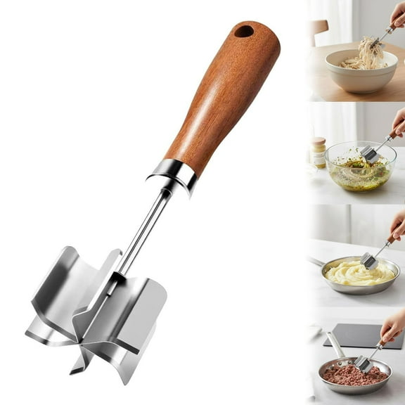 2026 Stainless Steel Meat Chopper, Six-Blade Ground Beef Chopper Tool Hamburger Smasher Meat Masher, Lightweight Versatile Wooden Handle Manual Meat Tenderizer, Natural Wooden Handle