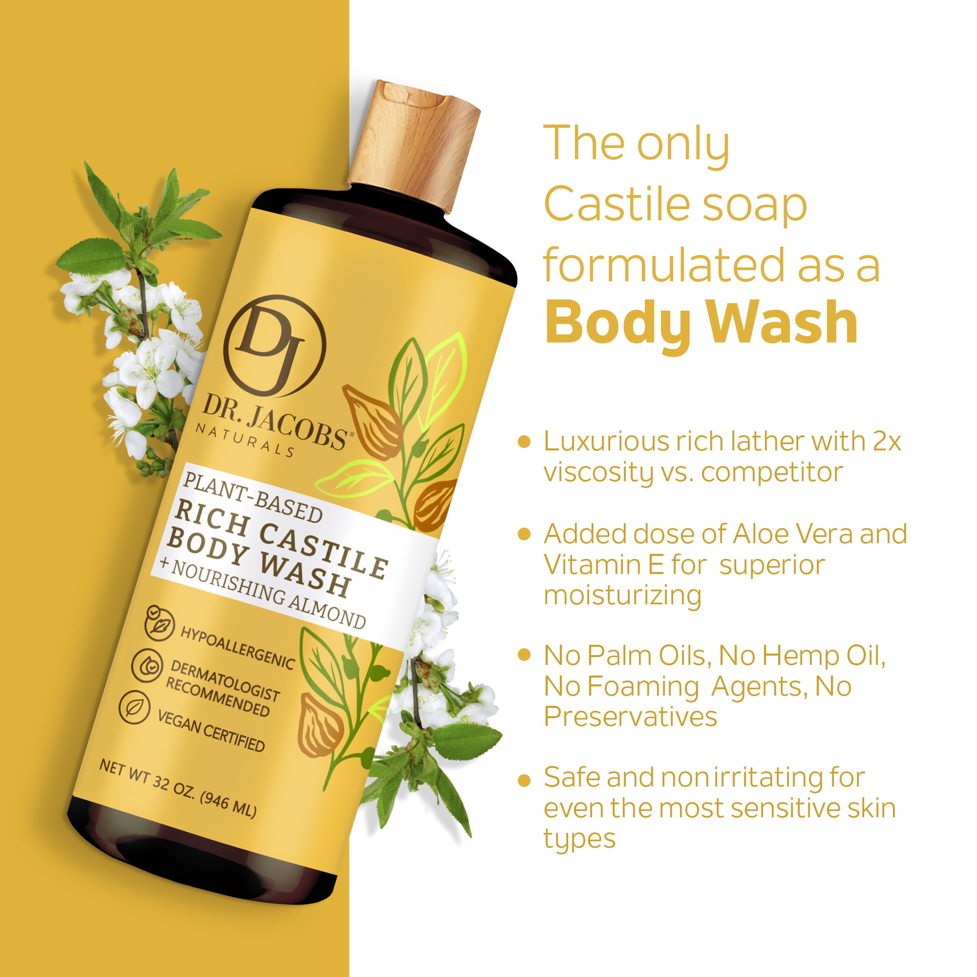 Dr Jacobs Naturals Castile Soap Body Wash Plant Based Liquid Soap, Almond 32 Oz 2-Pack