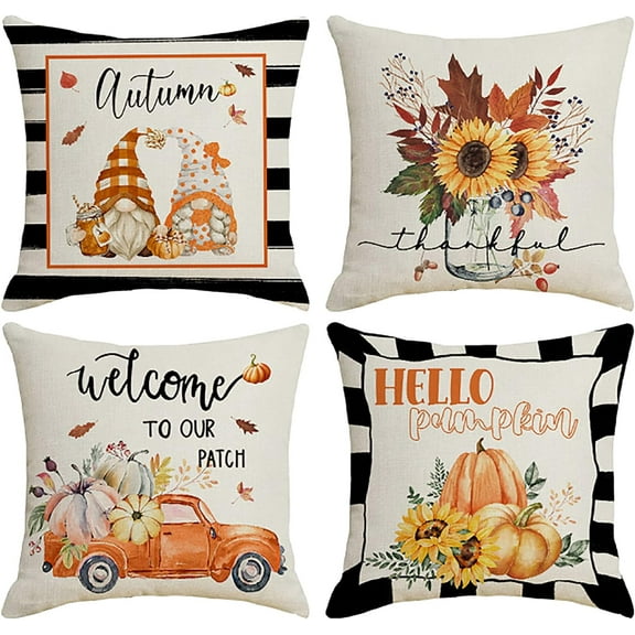 Fall Pillow Covers 18x18 Set of 4 Thanksgiving Buffalo Check Farmhouse Decorations Orange Pumpkin Outdoor Autumn Farm Truck Pillows Decorative Throw Cushion Case for Home Decor
