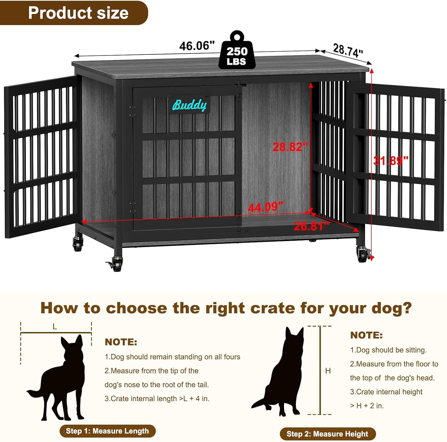 POAO 48"Dog Crate Furniture with Name Tag, Heavy Duty Dog Kennel Indoor for Large Dog, Escape-Proof &Chew-Proof Dog Cage for High Anxiety Dog