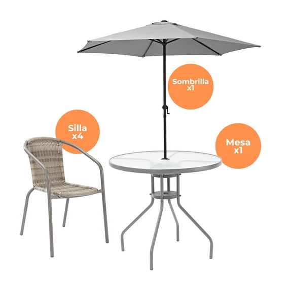 Naterial Set de Comedor para Exterior: Mesa + 4 Sillas + Sombrilla para Jardín Tipo Ratán, Modelo Elías