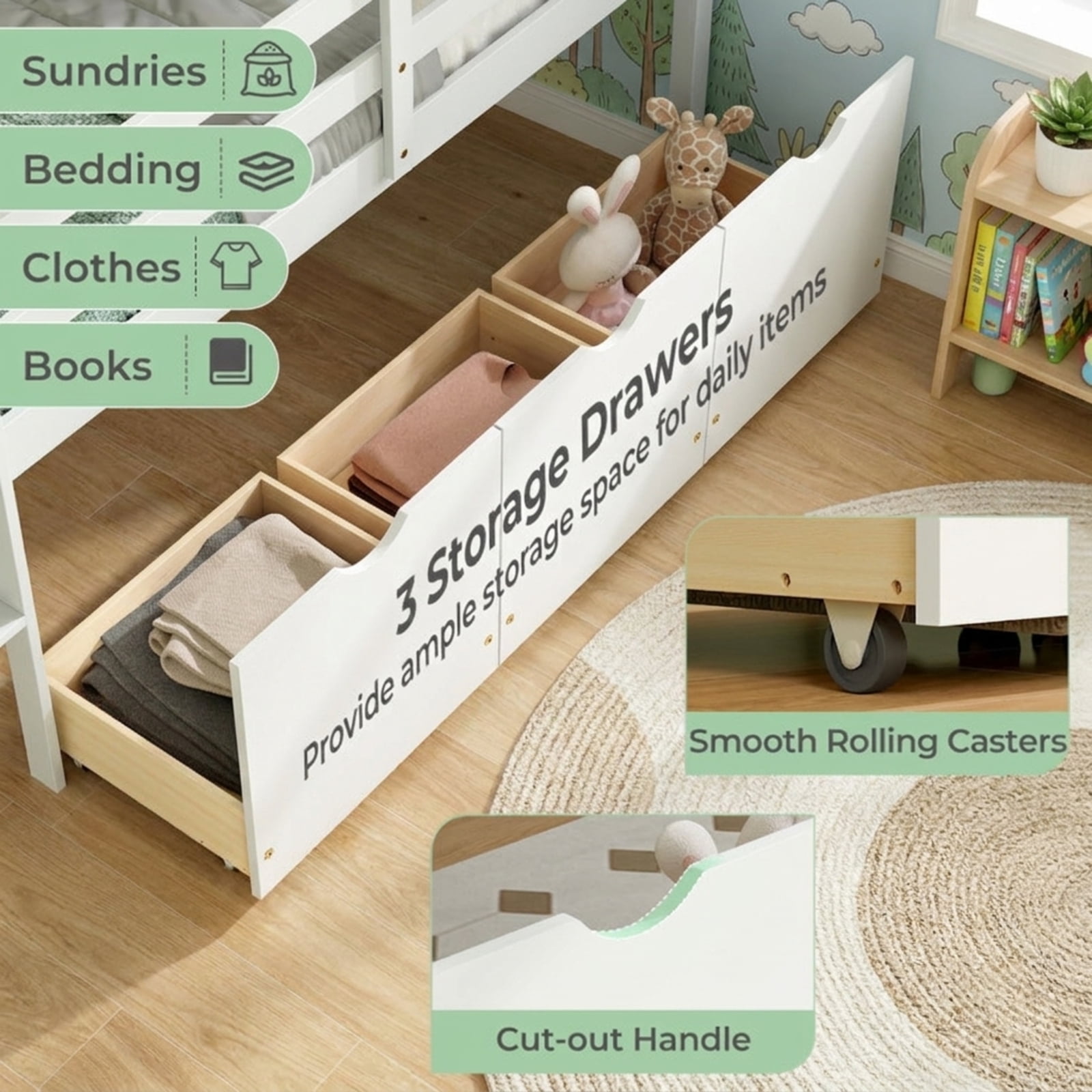 Furnibear Twin Size Low Loft Bed with 3 Drawers with Ladder and Full-length Guardrails for Bedroom, White