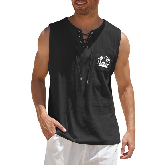 Men's Sleeveless Tank Top Summer Cotton V Neck Shirts Casual Lace Up Beach Tops (Beige,M)