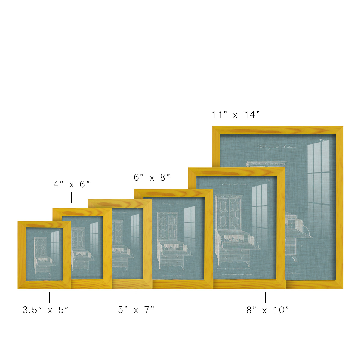 Hepplewhite Desk & Bookcase I - Framed Print w/glass - Sunflower Yellow