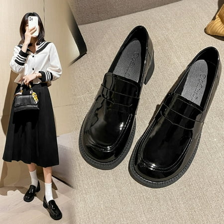 

Uorcsa Wide Width Women Shoes Athletic Sport Fashion Round Head Small Leather Flat Heel Collision Ladies Single Water Proof Black Size 6