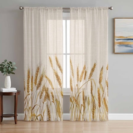 Fall Wheat Semi Sheer Window Curtains 72 Inches Long Autum Botanical Rustic Yellow Orange Rod Pocket Voile Silky Chiffon Curtain Light Filtering Drapes for Living Room Kitchen 52 x72 2 Panels
