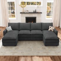 Marrber Plush Sectional Corduroy Sofa Bed, 4-Seat U-Shaped Cloud Couch Deep Seat with Double Movable Chaises for Living Room, Grey