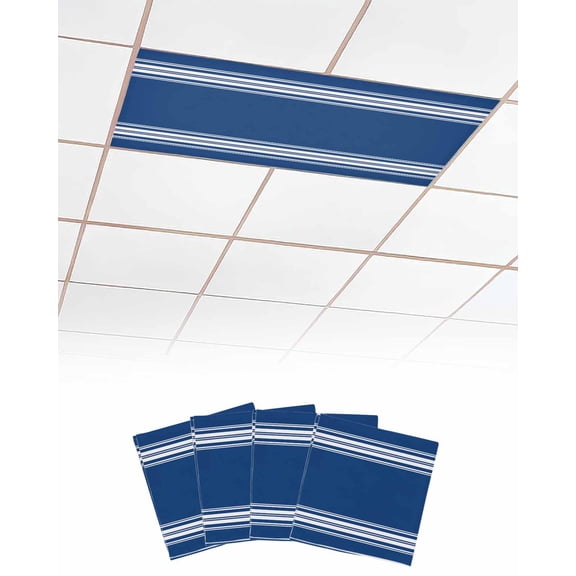 Blue Striped Fluorescent Light Covers for Ceiling Lights 4x2 feet, 4 Pack Magnetic Light Filters for Classroom, Farmhouse Blue White Stripes Fluorescent Light Shade Panel for Office School Drop Home