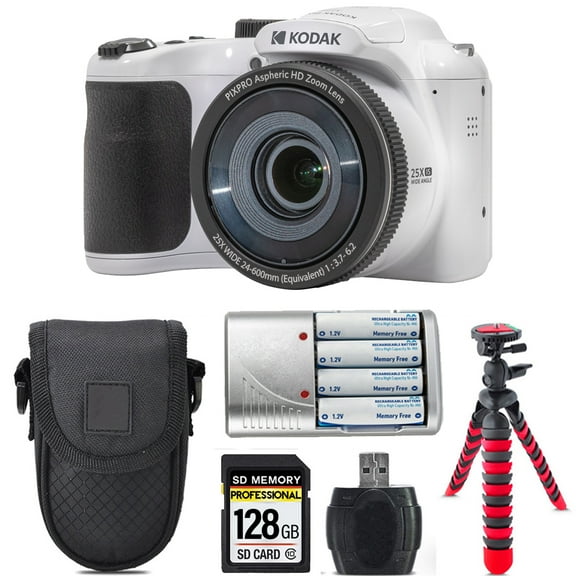 Kodak PIXPRO AZ255 Digital Camera (White)   Extra Battery  Tripod   Case -128GB Kit