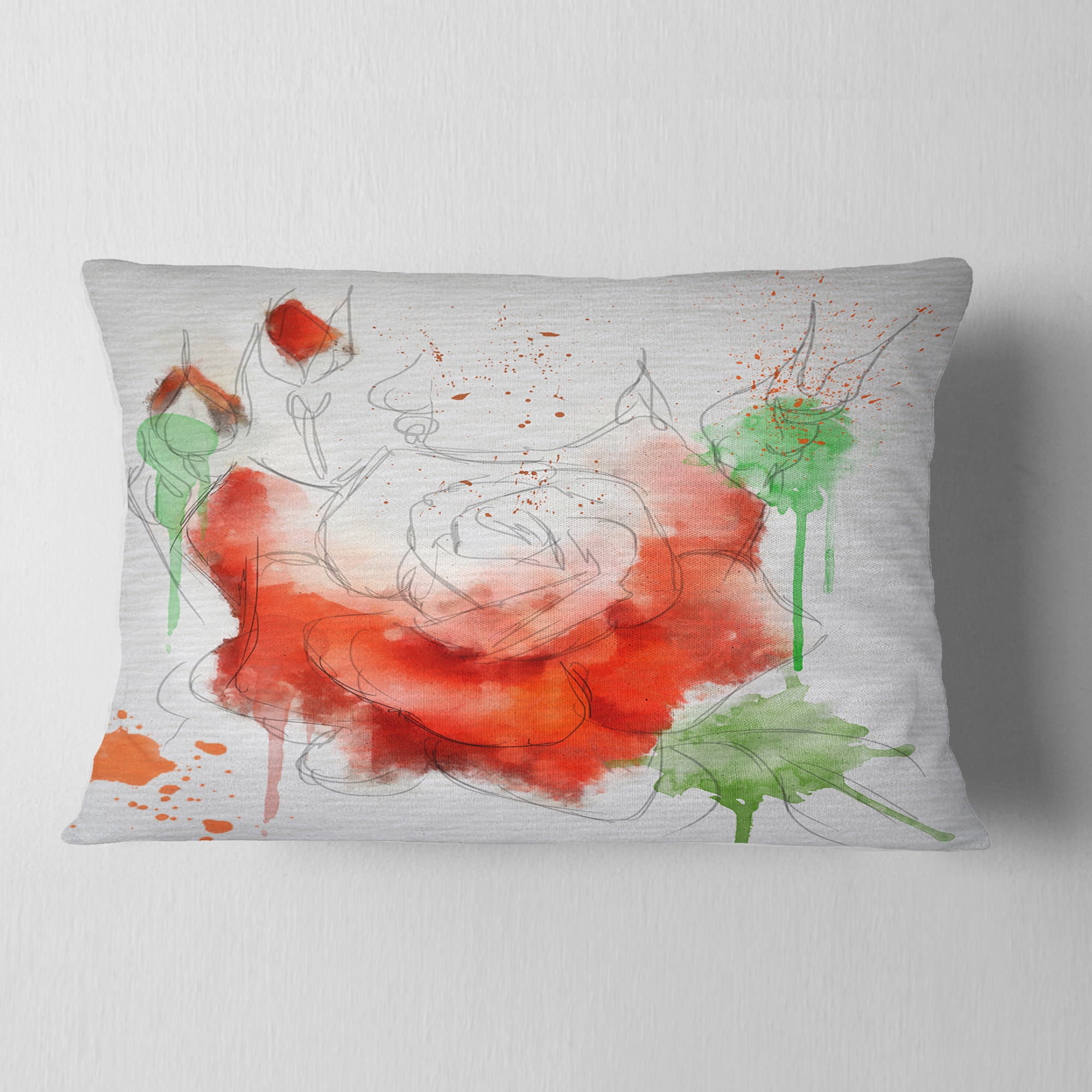 Designart Red Rose Illustration Watercolor - Floral Throw Pillow - 12x20