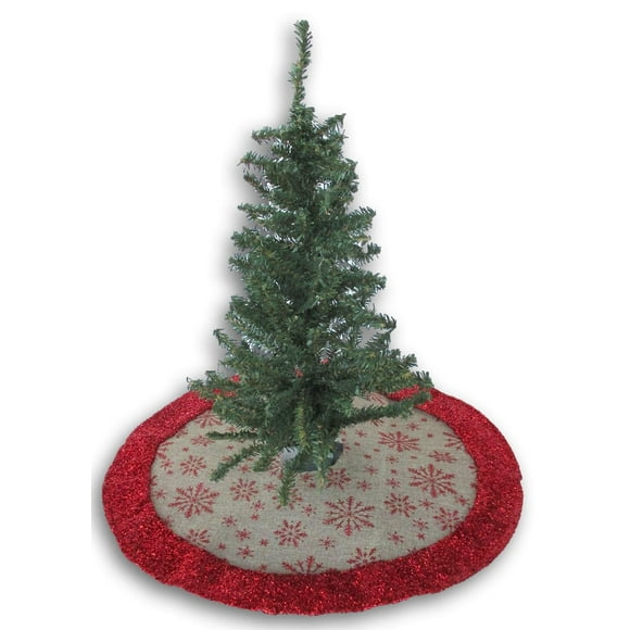 Miniature Christmas Tree Skirt - Jute with Red Glitter Snowflakes - 18 Inch