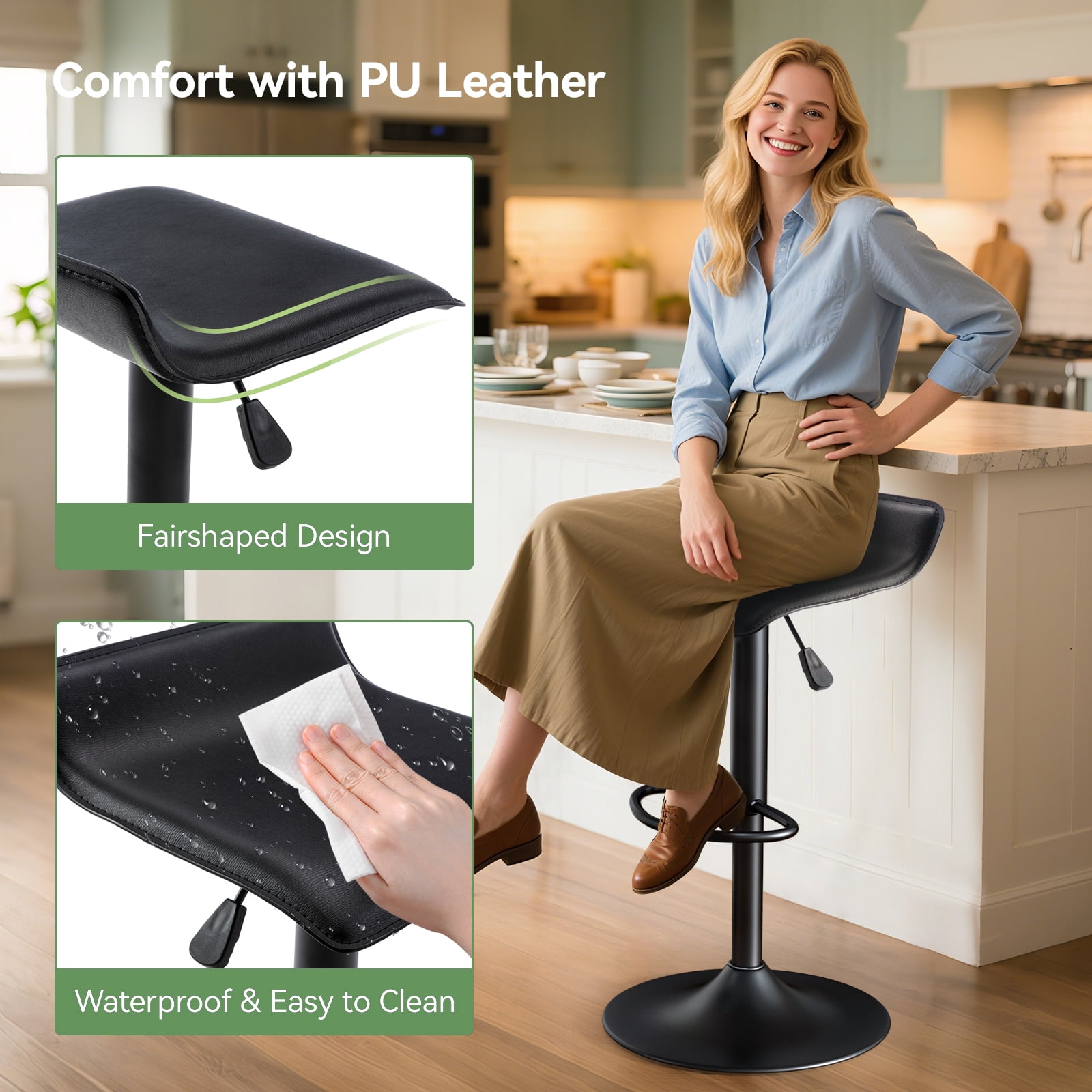 Backless Bar Stools Set of 2, 360° Swivel Adjustable Height PU Leather Bar Chairs, Modern Simple Counter Stools for Kitchen Island, Dining, Bar or Café Use (Black)