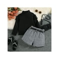 thumbnail image 2 of TSEXIEFOOFU Toddler Girl Autumn Clothes Set Ruffled Long Sleeve High Neck Ribbed Pullover + Houndstooth Print Shorts + Belt, 2 of 9
