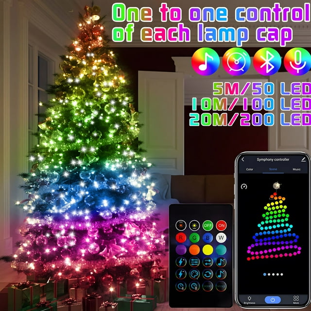 Amdohai Guirlandes Lumineuses RVB pour Sapin de Noël avec Contrôle Bluetooth Intelligent, Guirlandes DEL Alimentées par USB et Télécommande via Application. l'Image Affiche un Sapin de Noël Orné de Lumières RVB Multicolores, Personnalisable via Application mobile et Télécommande. les Fonctionnalités Incluent une Synchronisation Musicale, des Réglages de Minuterie et Plusieurs modes de Scène, Parfaites pour l'Éclairage Extérieur et les Décorations Festives. Inclut une Télécommande et une interface via Application pour des Réglages Précis.