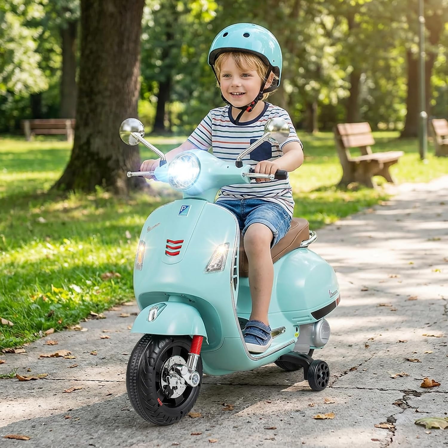 Licensed Vespa 12V Kids Motorcycle by OLAKIDS with Training Wheels, Music, Story, Horn, Lights for 3-6 Years