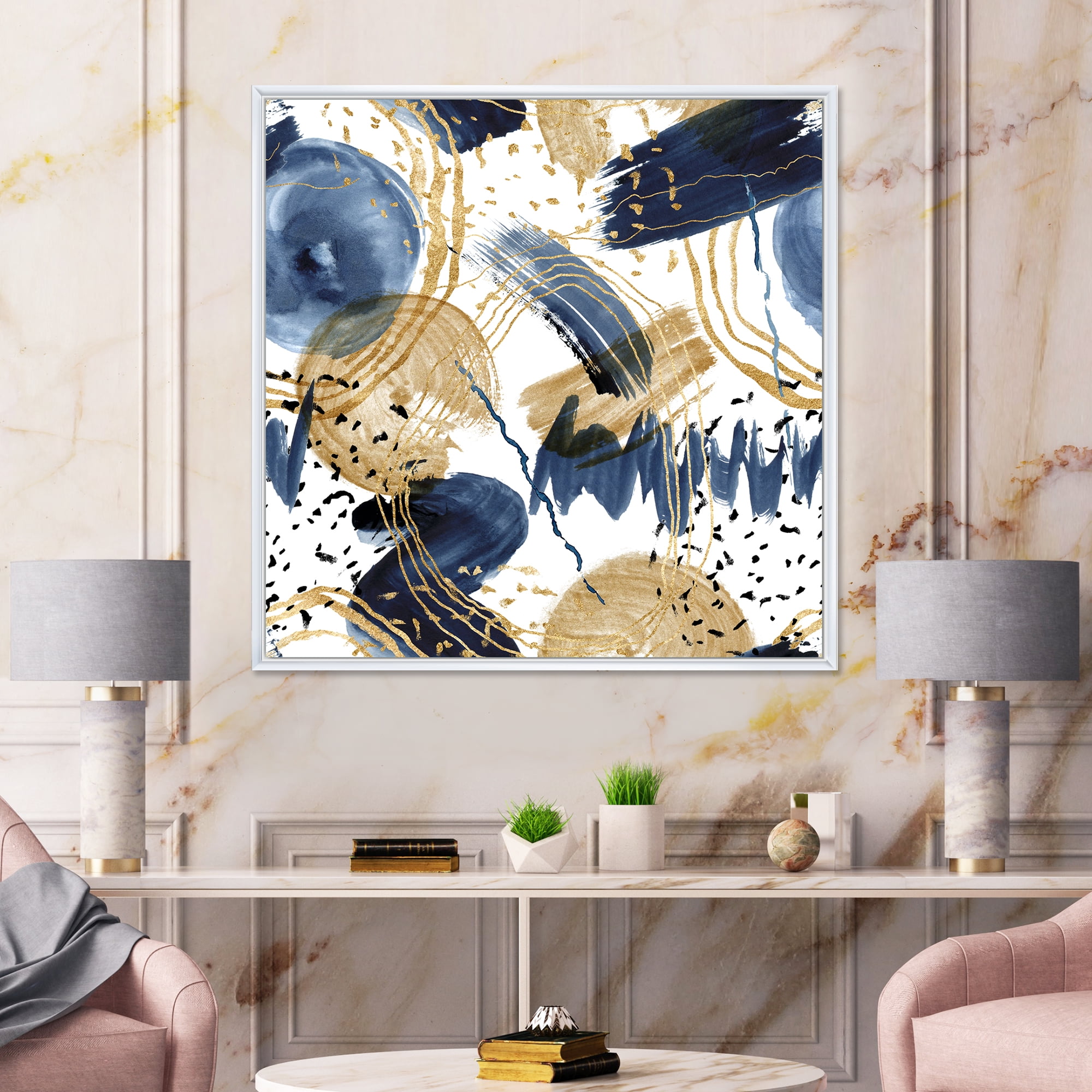 Dark Blue & Golden Textures With Abstract Pattern 16 in x 16 in Framed Painting Canvas Art Print, by Designart