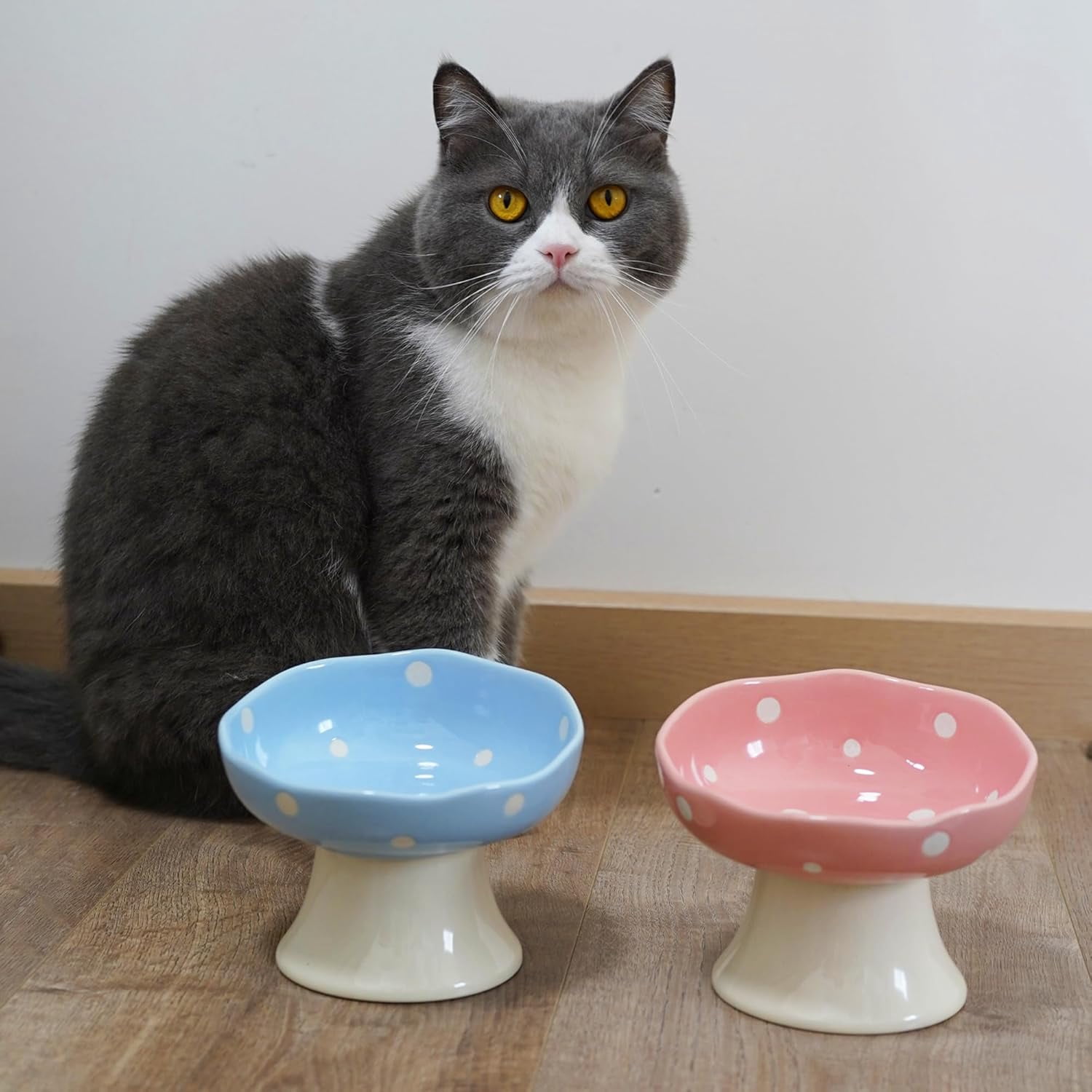 Ceramic Raised Cat Bowl, Mushroom Shaped Tilted Feeding Dish, Whisker Friendly Wide Design, Dishwasher Safe for Indoor Cats