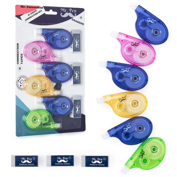Mr. Pen– 9 Pcs Correction Set, 6 Correction Tapes, 393 inches Each with 3 Free Bonus Erasers, Tear Resistant Correction Tape, Correction Tape White Tape, tape eraser (Correction Tapes)