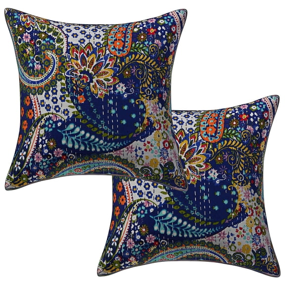 Stylo Culture Indian Settee Sofa Throw Pillow Covers 16 x 16 Floral Kantha Dark Blue Printed 40 x 40 cm Home Decor Cotton Paisley Square Cushion Covers | Set Of 2