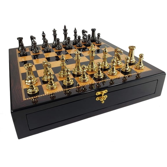 Brass Black Gold Staunton Exclusive Chess Set Lrg 20" Walnut Color Storage Board