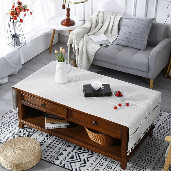 Coffee Table Cloth Cotton and Linen Table Protector Cover, Embroidery Table Cover with Pockets and Tassel, Rectangle Tablecloths Washer Dryer Fridge Top Dust Cover
