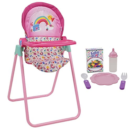 Baby Alive 509 Crew Juego de trona para muñecas - Rosa y arcoíris - 6 piezas, se adapta a muñecas de hasta 24", trona con bandeja de alimentación frontal y 5 accesorios de alimentación, juego de simul