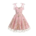thumbnail image 4 of Girls Floral Embroidery Tulle Party Dress, Kids Spaghetti Strap Bow Tie Sweetheart Princess Gown, A-Line Midi Formal Dress for Wedding Holiday Party(Pink,7-8 Years), 4 of 4