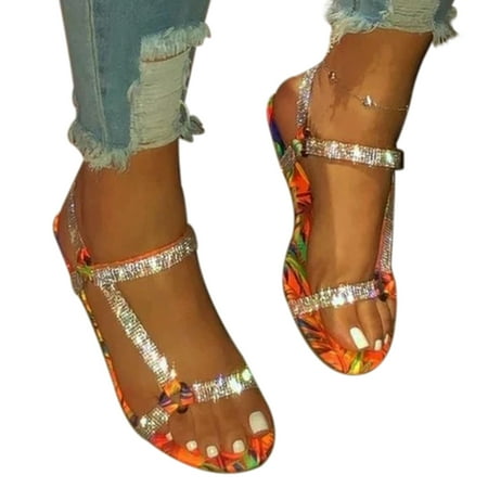 

Women Flat Sandals Open Toe Rhinestones Breathable Anti-slip Casual for Summer Beach 37 Multicolour