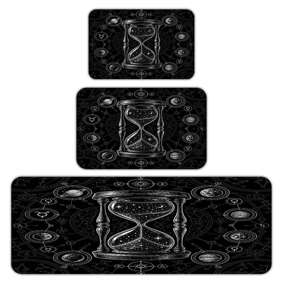 RKSupls Kitchen Rug Set 3 Piece Anti-Slip Flannel Floor Mats, Cosmic Hourglass Planets Alchemy Washable Absorbent Runner Mats for Kitchen Bathroom Home Decor