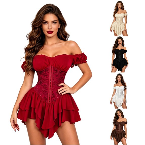 NordicNest Women's Off Shoulder Corset Dress Ruffle Hem Lace Up Mini Dress Gothic Outfits for Halloween