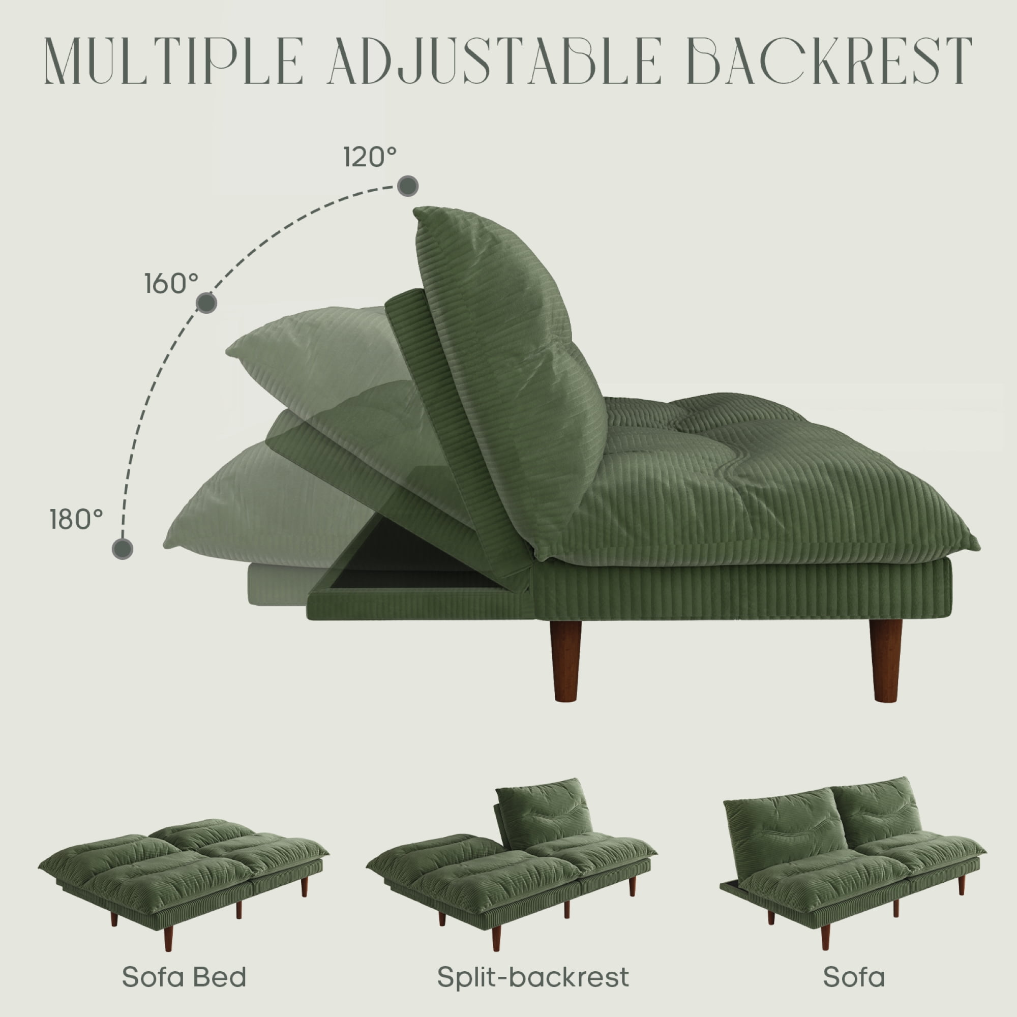 NYBOPAVIS 69" Futon Convertible Sofa Bed, Corduroy Loveseat Sofa Couch for Small Space Green