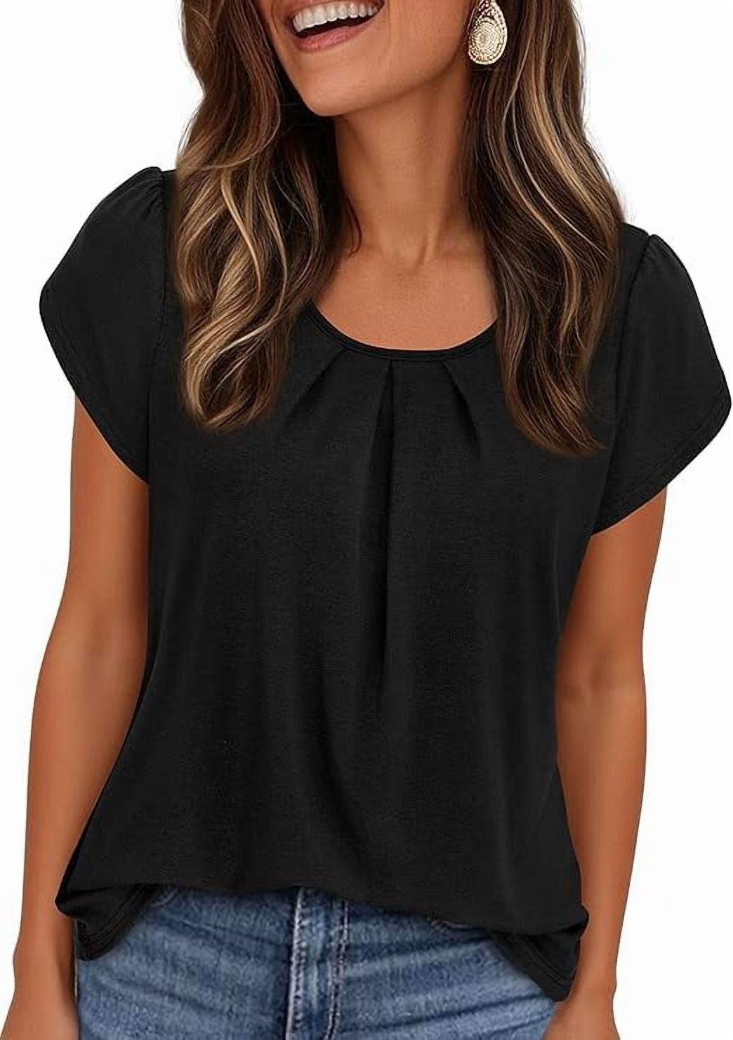 PRETTYGARDEN Summer Tops for Women Short Sleeve Crew Neck Pleated T Shirts Dressy Casual Blouses Fashion Clothing
