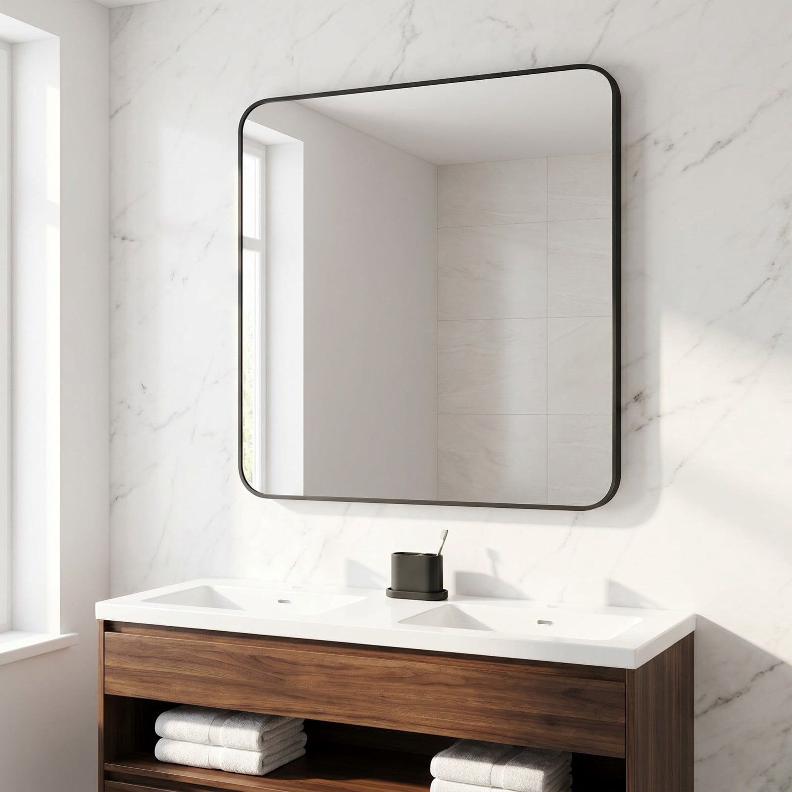 Gleamira 39"x39" Bathroom Mirror Wall-Mounted Mirror with Rectangular Metal Frame, Black
