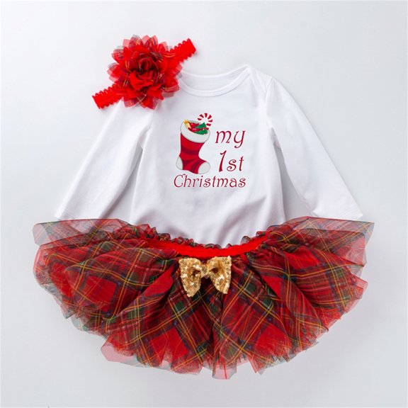 RUTAYY Girls 3 Piece Outfit Christmas Letter Print Long Sleeve Bodysuit Tutu Skirt and Headband Set for Family Festive Gatherings