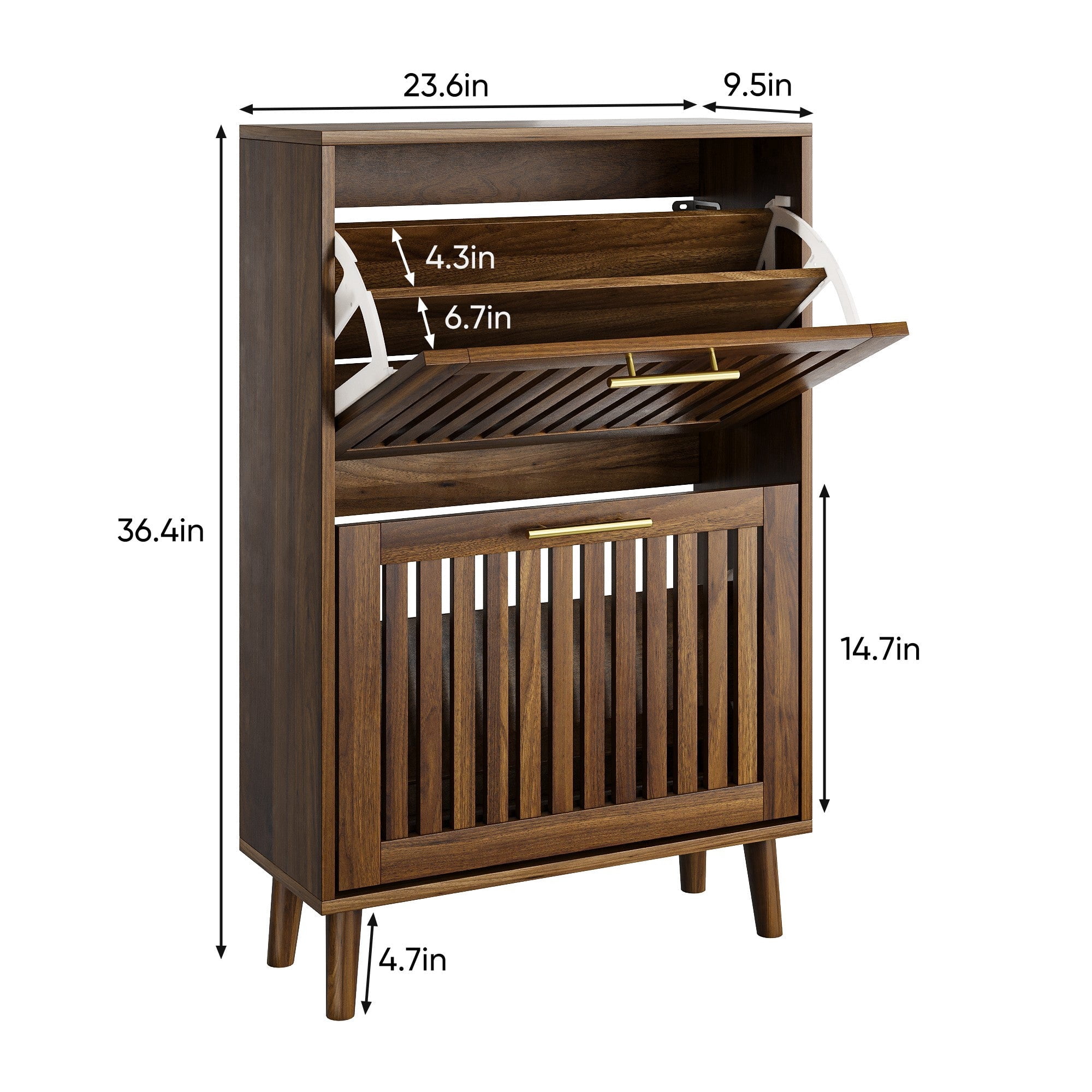 Sailvan 23.6" Walnut Shoe Cabinet, Mid-Century Modern Freestanding Fence Cabinet with 2 Flip Drawers