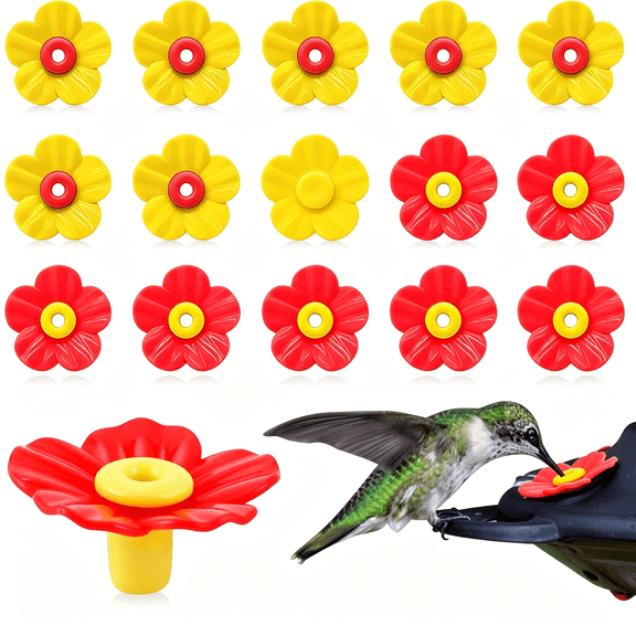 ACDANC 16 Sets Hummingbird Feeder Replacement Flowers-Hummingbird Feeders Parts for Outdoors Feeding Ports Bee Guards Pet Bird Replacement Flowers Kit(Red&Yellow)
