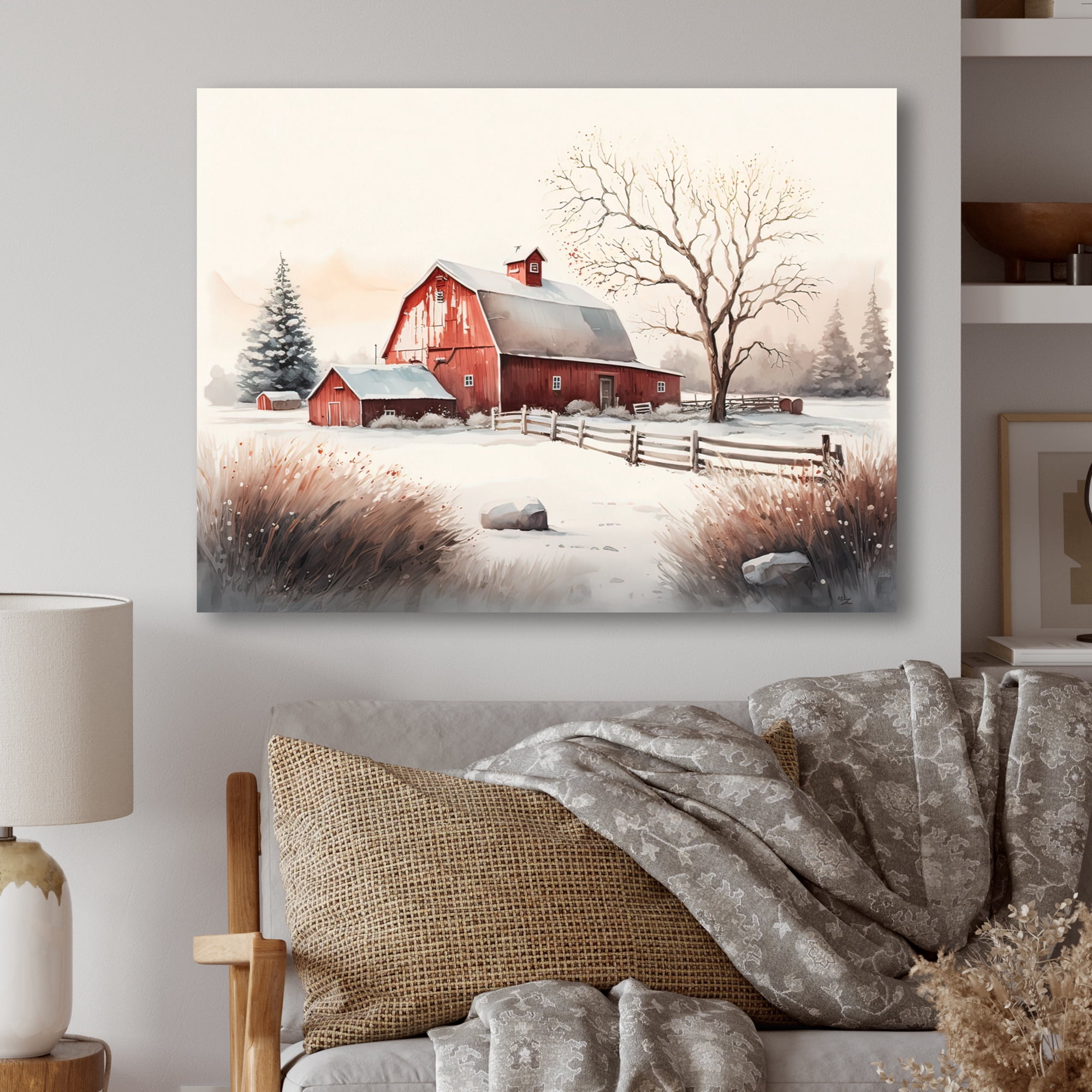 Designart Calm Red Barn In Winter V Canvas Wall Art