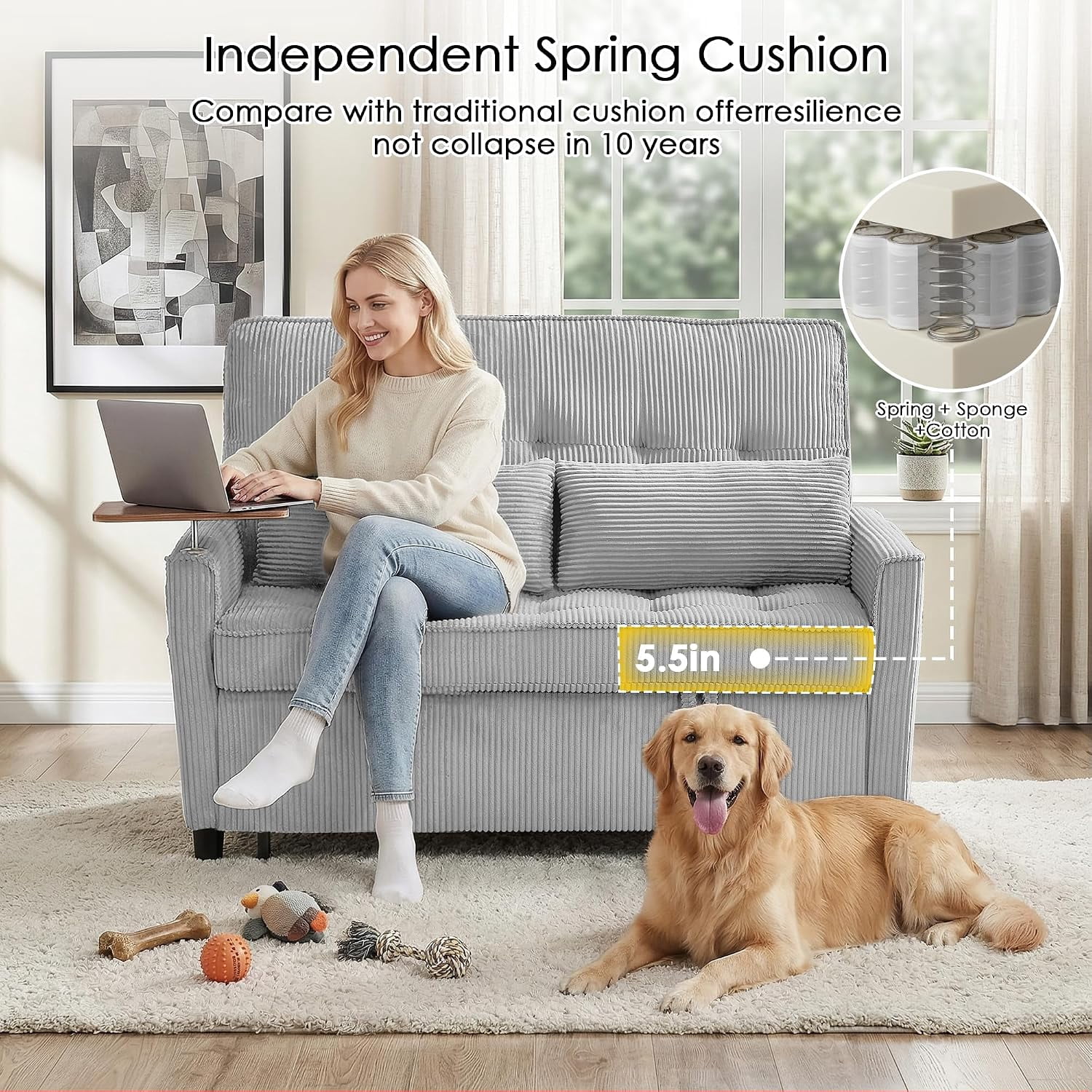55" Sleeper Sofa Bed, Convertible Pull Out Couch with Side Stand, USB Ports, Side Pockets, Corduroy Fabric, Adjustable Backrest, Light Grey