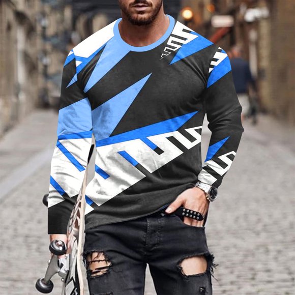Pisexur Chandail à Manches Longues Homme Tissu de Haute Qualité T-Shirt à Manches Longues Homme, Chandail Décontracté à Col Rond à Manches Longues pour Homme T-Shirt Blouse à Rayures Imprimées Bleu, m