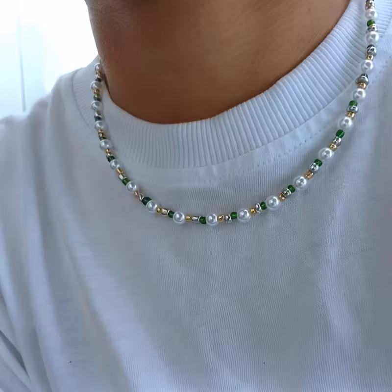Casual Imitation Pearl Handmade Beaded Men's Necklace, Daily Neutral Jewelry for Versatile Style