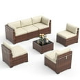 thumbnail image 3 of Poteban 7 Pieces Outdoor Sectional Sofa Set , PE Wicker Rattan Slanted Back Outdoor Conversation with Cushions and Glass Coffee Table for Backyard Garden, Khaki, 3 of 11