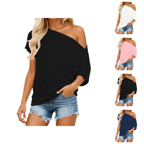 Batwing Sleeve Tops for Women Summer Casual Short Sleeve Off Shoulder Loose Plain T Shirts Going out Tops